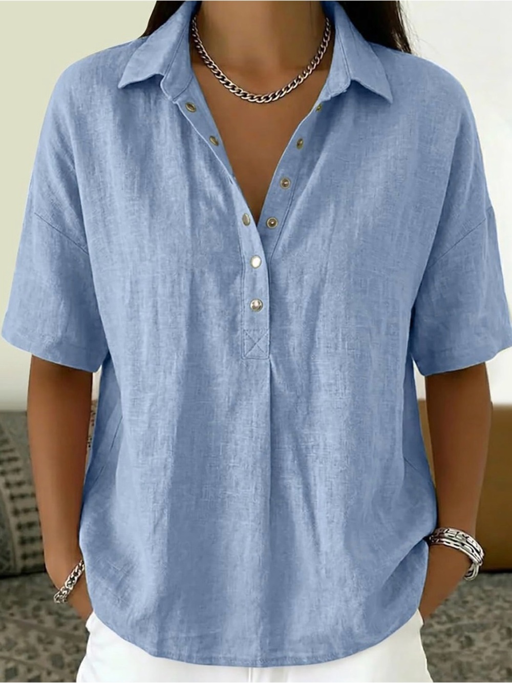 Relaxed Button-Front Top - Light Blue - Picture 4 of 5